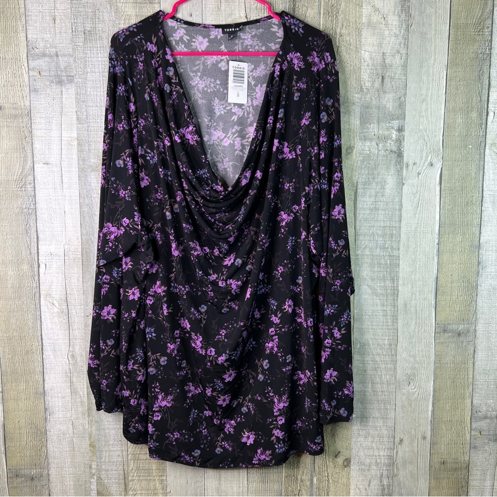 Torrid Size 5(5X)(28) Drape Cowl Neck Long Sleeve Black & Purple Floral Shirt